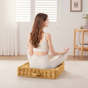 English Elm 1- Piece Tufted Chenille Floor Cushion with Scalloped Edge for Bohemian Living Spaces Yellow B035P482972