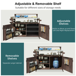 English Elm K&K 53.3" Outdoor Kitchen Island with 1.2" Stainless Top, Spacious Storage, Raised Shelf, Wheels Brown N707P250628Z