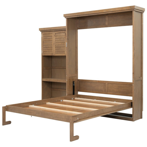 English Elm Queen Size Murphy Bed With Louvered Design, Multi-Storage Solution For Compact Living Spaces N7090004018D-GIGA