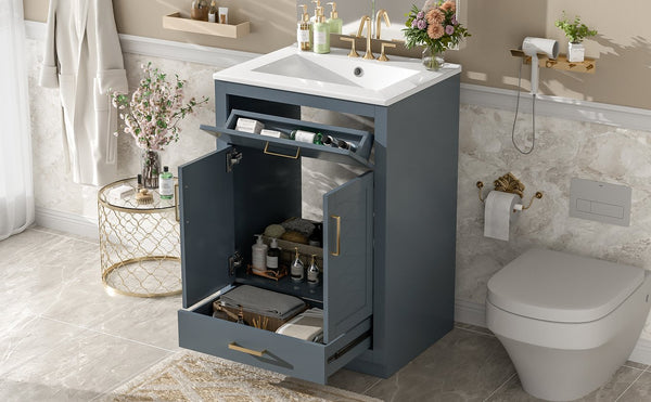 English Elm 24" Stylish Blue Bathroom Vanity With Ceramic Sink, 2 Storage Doors & Tip-Out Drawer For Organization N710P341037C