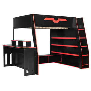 English Elm Full Size Wood Loft Bed with Rgb Lighting Desk and Multi-tier Shelves for Gaming Red LT000374AAR