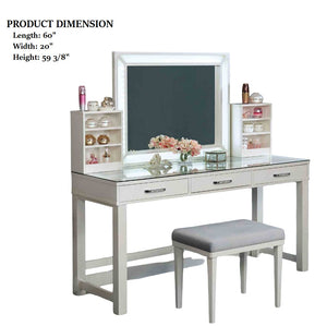English Elm Glam Elegant Vanity Set with LED Mirror, Plush Stool, Ample Storage, Felt-Lined Drawers, Chic Finish White 65 L x 25 W x 15 H B2741S00682
