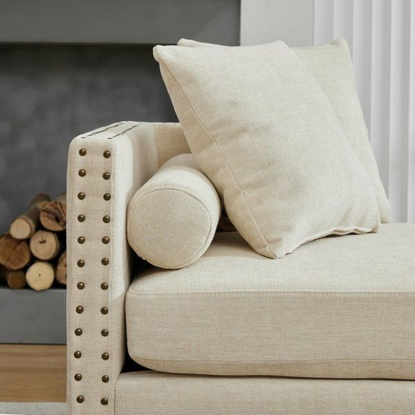 English Elm 75.2'' Chenille Upholstered Daybed Chaise with Nailhead Trim and Rubberwood Legs Beige W3188S00056