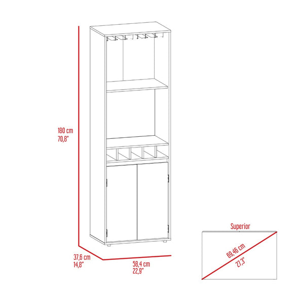 English Elm Redding Floor Bar Cabinet with Wine Cubbies Glass Rack and Open Display Shelves B128S00156