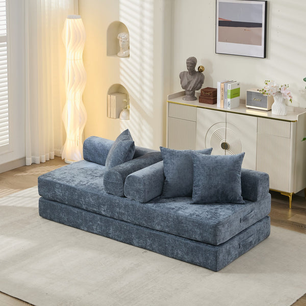 English Elm Comfy Convertible Folding Mattress Couch Sofa Bed with Chenille, Space-Saving Modular Lounge for Studio Blue W1143P330252