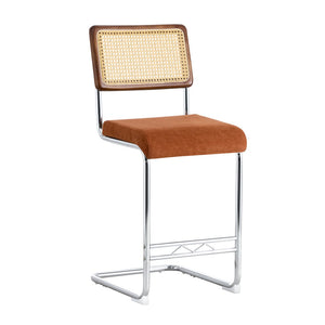 English Elm Natural Rattan Backrest Counter Stools Set of Two with Velvet Seat and Chrome Legs W2920P395621