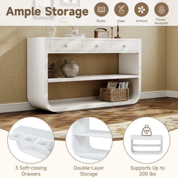 English Elm [video] Sculptural Console Table Pine Wood Curved Legs Soft-close Drawers Open Shelving Entryway White N759P433560K