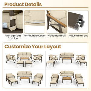English Elm 6-piece Outdoor Conversation Set with Acacia Wood Accents and Steel Frame Patio Seating Brown,Cream Beige N704G201256A