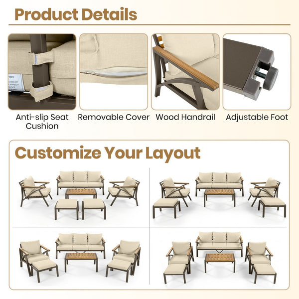 English Elm 6-piece Outdoor Conversation Set with Acacia Wood Accents and Steel Frame Patio Seating Brown,Cream Beige N704G201256A