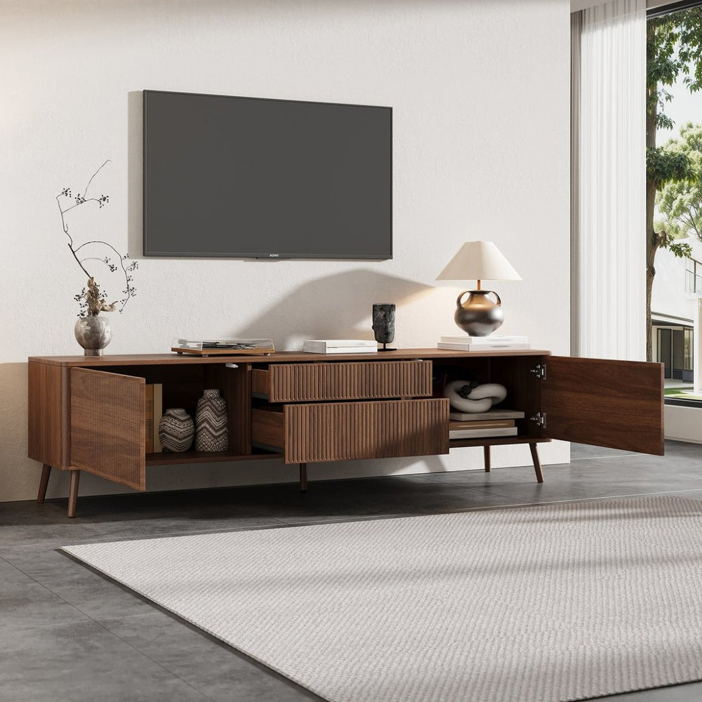English Elm 70 Inch Fluted Entertainment Center Walnut Finish Solid Wood Legs Soft Close Storage N710P372539P