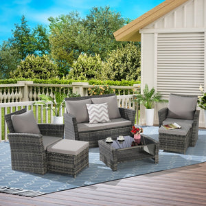 English Elm 6 Piece Outdoor Wicker Sectional with Tempered Glass Table and Weather Resistant Cushions W874P264687