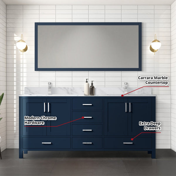English Elm Navy Double Bath Vanity 72" W x 22" D with Carrara Marble Top, Chrome Faucet, Scratch-Resist Mirror B2731S01004