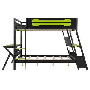 English Elm Full Size Gaming Bunk Bed with Dual Desks Usb Charging Ports and Pegboard Storage Green LT000274AAG