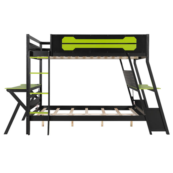 English Elm Full Size Gaming Bunk Bed with Dual Desks Usb Charging Ports and Pegboard Storage Green LT000274AAG