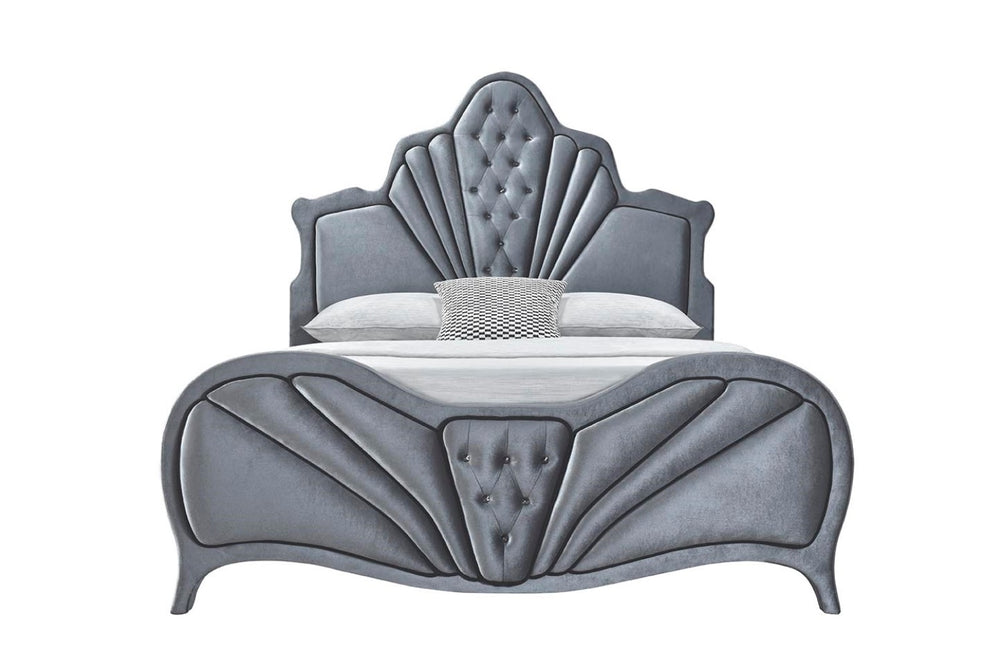 English Elm Dante Gray Velvet Queen Bed with Crystal Tufting, Padded Headboard, 13 Slats & Chrome Legs B2726S00285
