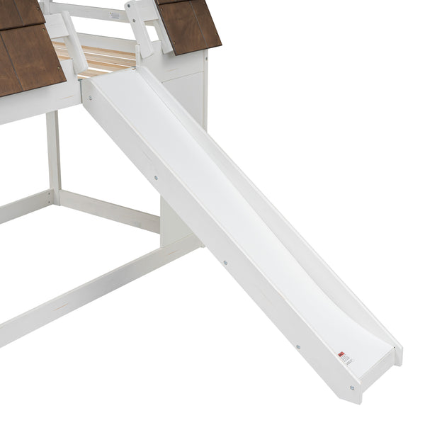 English Elm Wood Twin House Bunk Bed with Roof, Ladder & Slide, Rustic White-Brown Pine Frame, Space-Saving Twin Over Twin Reliable Support GX000345AAK