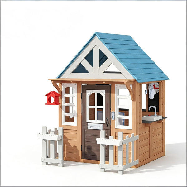 English Elm Garden Fir Wood Kids Playhouse with Toy Kitchen Chalkboard and Birdhouse Outdoors T3971P491771