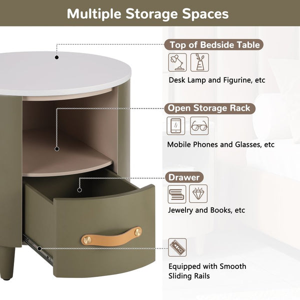 English Elm Christopher Knight Home® - Contemporary Round Nightstand with Drawer & Open Shelf, Curved Bedside Table with Leather Handles Green 22 L x 22 W x 19.75 H N761P285708F