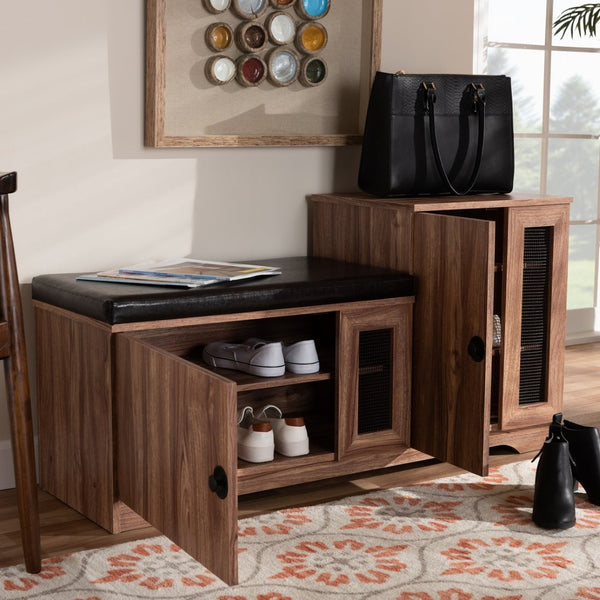 Baxton Studio Baxton Stylish Dark Brown Faux Leather Shoe Storage Bench with Cabinet & Ventilation for Entryway FP-1805-5007