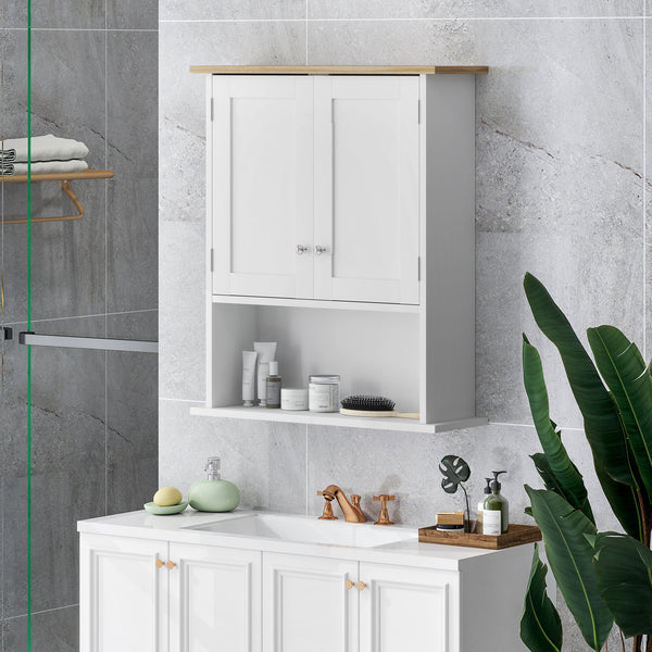 English Elm HOMCOM Modern Wall Bathroom Cabinet with 2 Doors, Adjustable Shelves, Oak Top & Open Shelf, White W2225P250003