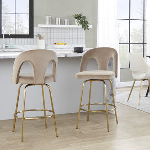 English Elm Fixed-height Swivel Counterstools with White Upholstery Gold Footrest Set of 2 Taupe B202S01790