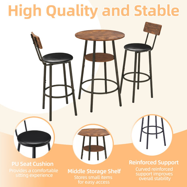 English Elm 3 Piece Bar Height Dining Set with Two Tier Storage and Pu Upholstered Stools Rustic W3204P428254