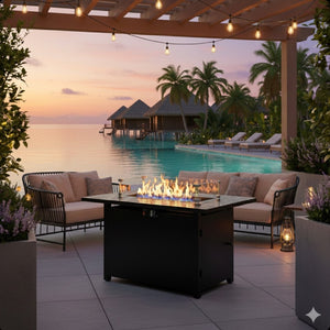 English Elm 43”width Outdoor Rectangular Propane Fire Pit Table with Iron Frame and Glass Shield B082P454964