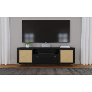 English Elm Benson Wide Rattan Door Media Console with Aged Brass Legs for Modern Living Rooms Black B062P440120