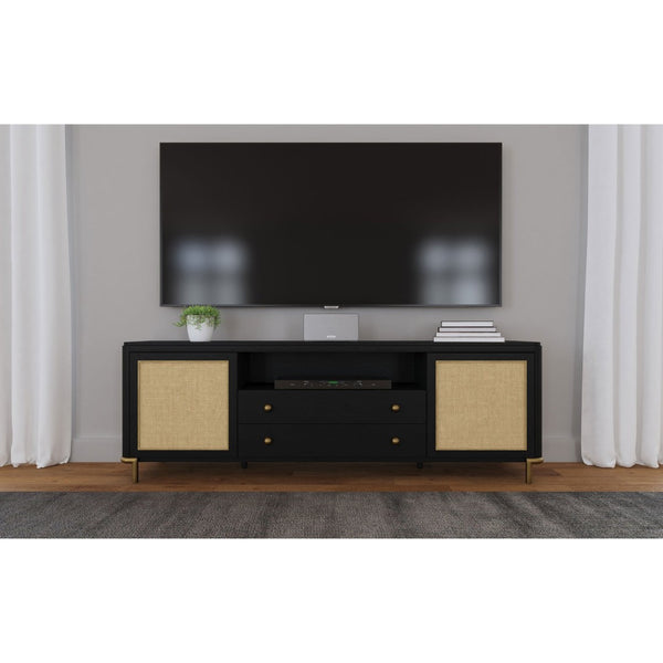 English Elm Benson Wide Rattan Door Media Console with Aged Brass Legs for Modern Living Rooms Black B062P440120