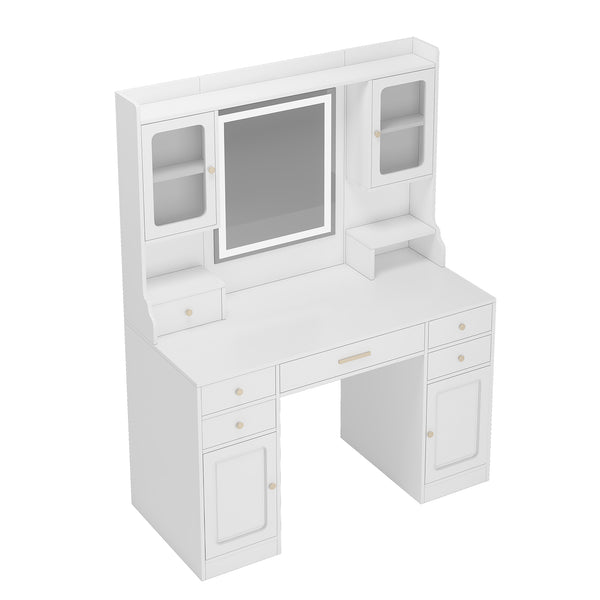 English Elm Large White Vanity Table Set with Extra-Large Mirror, 6 Drawers & Shelves, Gold Handles, Stylish Gift-Friendly Design W509P301793