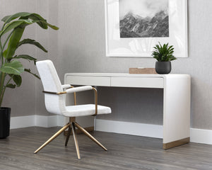 Sunpan Ilona Desk - Contemporary Oyster Shagreen Finish with Antique Brass Base and Sleek Curved Design