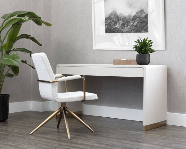 Sunpan Ilona Desk - Contemporary Oyster Shagreen Finish with Antique Brass Base and Sleek Curved Design