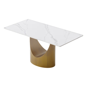 English Elm 63" Modern Dining Table With Durable Sintered Stone Top & Sturdy Bronze Iron Legs For 6-8 People W1535S00548