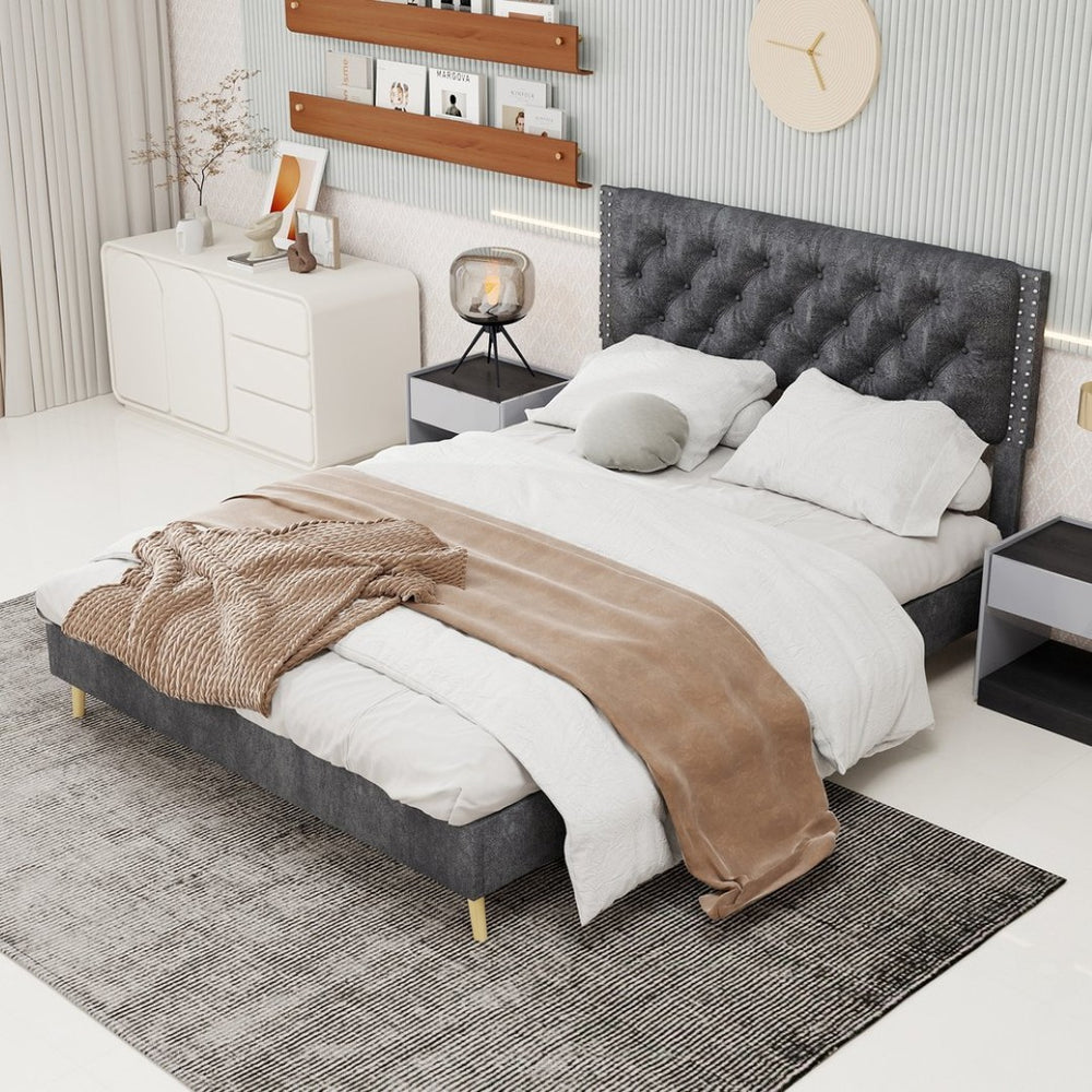 English Elm Velvet Tufted Queen Platform Bed Diamond Headboard for Elegant Master Bedroom W1935P361004