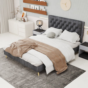 English Elm Velvet Tufted Queen Platform Bed Diamond Headboard for Elegant Master Bedroom W1935P361004