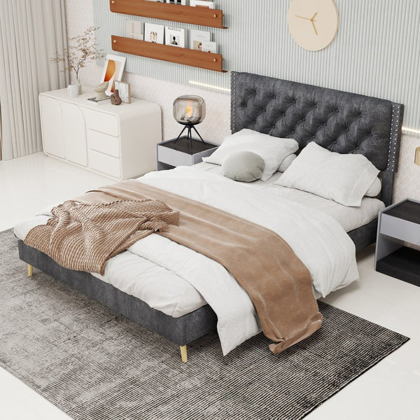English Elm Velvet Tufted Queen Platform Bed Diamond Headboard for Elegant Master Bedroom W1935P361004
