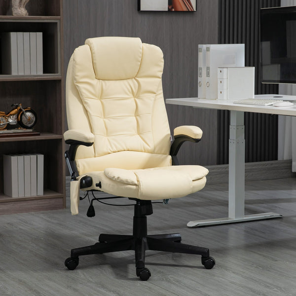 English Elm Homcom High Back Massage Office Chair With Vibration & Heat, Ergonomic Design, Beige Pu Leather W2225P217505