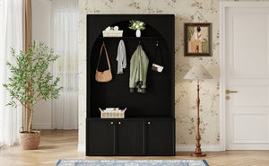 English Elm On-trend Farmhouse Hall Tree Arched Cabinet Storage Bench with Golden Hooks Mudroom Black N721S000080B