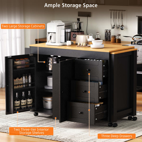 English Elm K&K 43.3" Kitchen Island with 27.6" Extendable Dining Table, Power Outlet, 7 Wheels, Ample Storage Black N707P303401B