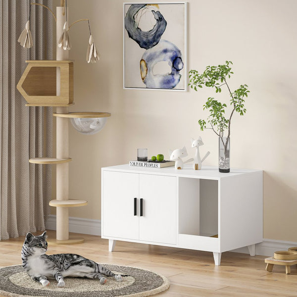 English Elm STARY Hidden Cat Litter Box Enclosure Furniture with Scratch Pad, Odor-Control, Sturdy 120LB Load White T3623P339383