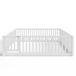 English Elm Queen Kids Floor Bed Pine Wood Frame with Safety Rails Door and Low Profile Design Light White W1580P417672