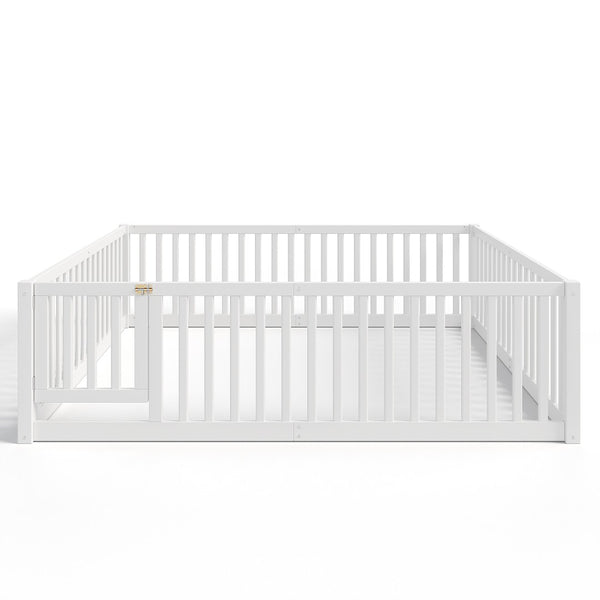 English Elm Queen Kids Floor Bed Pine Wood Frame with Safety Rails Door and Low Profile Design Light White W1580P417672