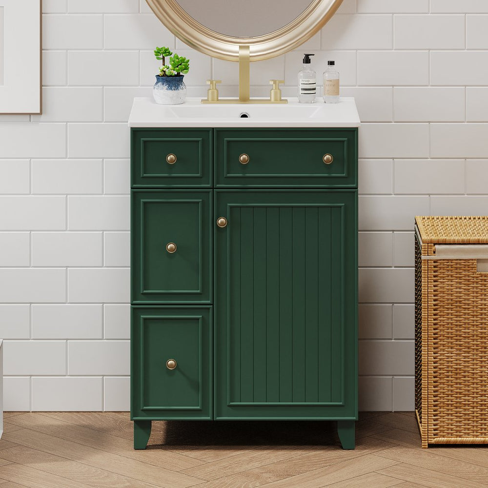 English Elm 24" Forest Green Bathroom Vanity Cabinet with Ceramic Sink, Soft-Close Door, 2 Drawers, Open-Back Access for Easy Plumbing and Durable Solid-Wood Frame N729P264336G