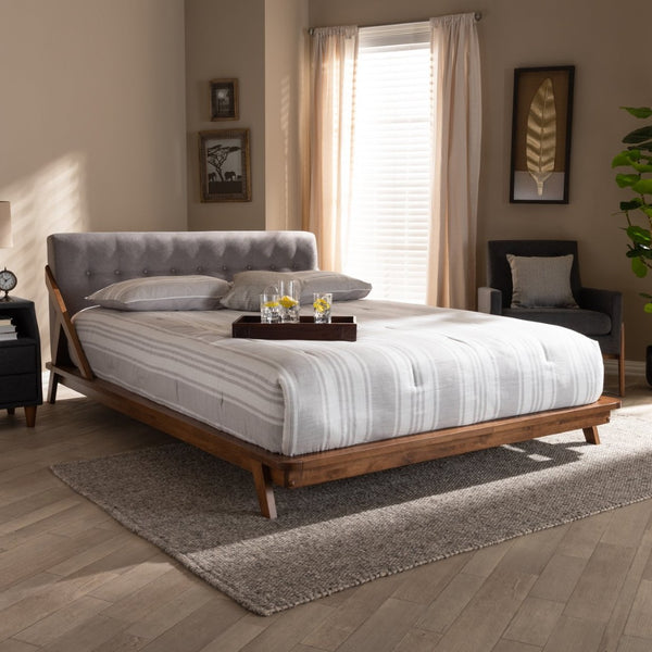 Baxton Studio Baxton Studio Sante Mid-Century Modern Grey Upholstered Platform Bed with Stylish Walnut Frame Full BBT6735-Grey-Full