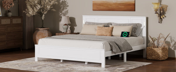 English Elm King Pine Wood Platform Bed with Led Lighting Usb Charging Tall Panel Headboard White W504S00274