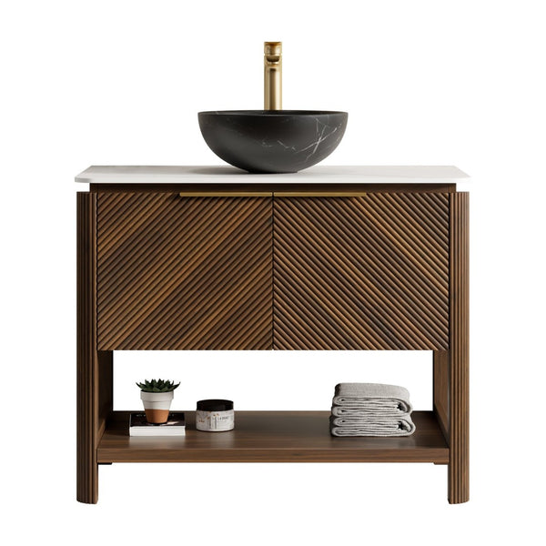 English Elm Dina Floating Bathroom Vanity Sintered Stone Top Glass Basin Striped Plywood Cabinet W2615S00726