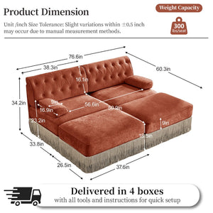 English Elm With Tufted Velvet Sectional Sofa Two Ottomans Tassel Skirt French Chesterfield Living Room Red+Brown W714S01746