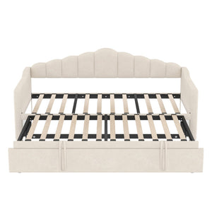 English Elm Upholstered Twin Daybed with Pop up Trundle Velvet Frame and Built in Usb Charging Beige N733S410648A