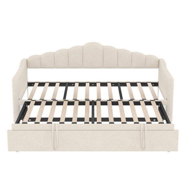 English Elm Upholstered Twin Daybed with Pop up Trundle Velvet Frame and Built in Usb Charging Beige N733S410648A