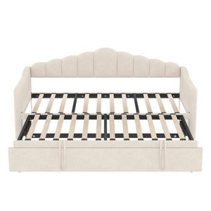 English Elm Upholstered Twin Daybed with Pop-Up Trundle, Built-In USB Type-C Charger, Side Pockets, Velvet Frame Beige 77.25 L x 17.25 W x 5.31 H N733S285118A